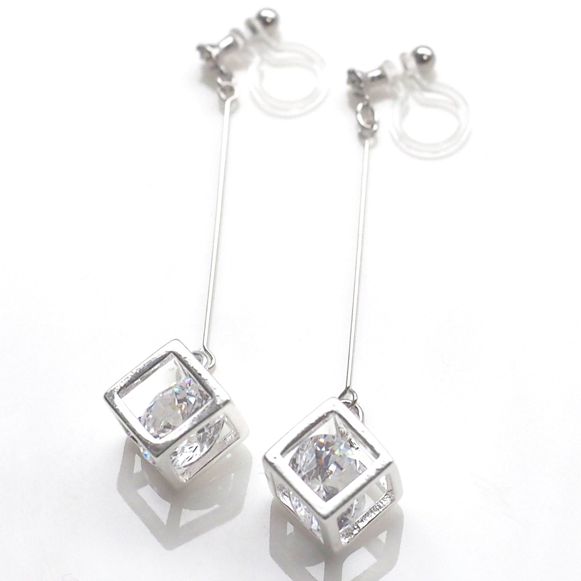 Cubic zirconia crystal in silver cube invisible clip on earrings - miyabigracejewelry.com