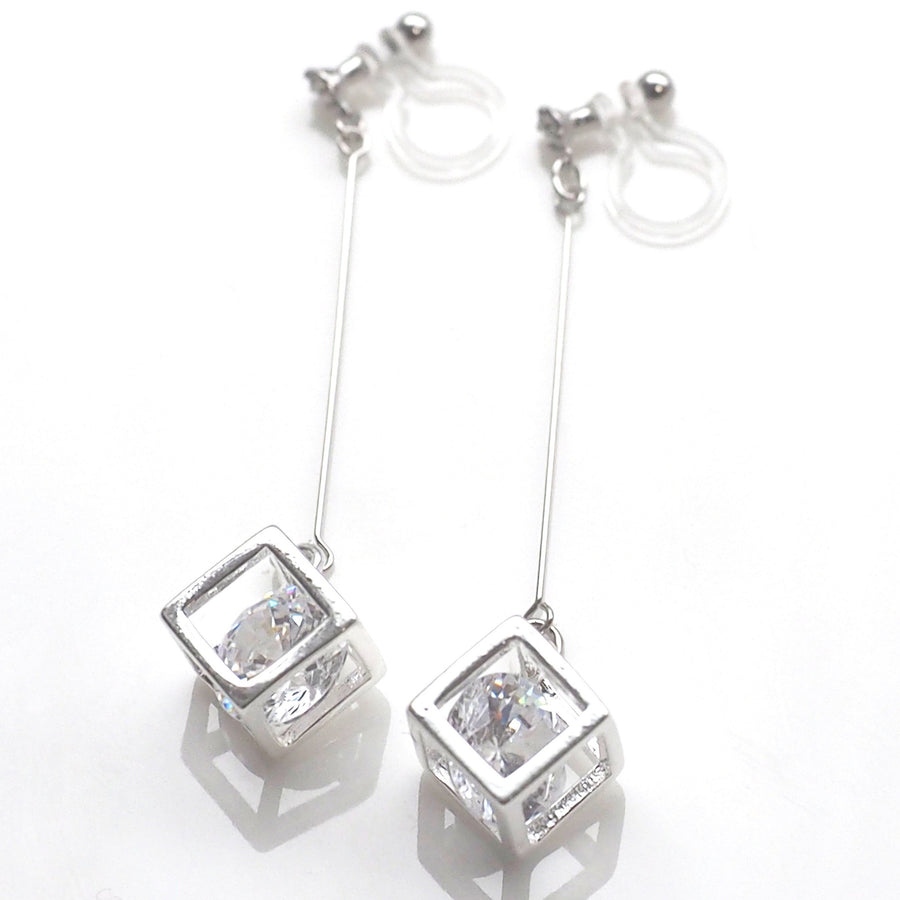 Cubic zirconia crystal in silver cube invisible clip on earrings - miyabigracejewelry.com