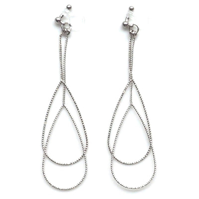 Dangle silver double pear hoop invisible clip on earrings - miyabigracejewelry.com