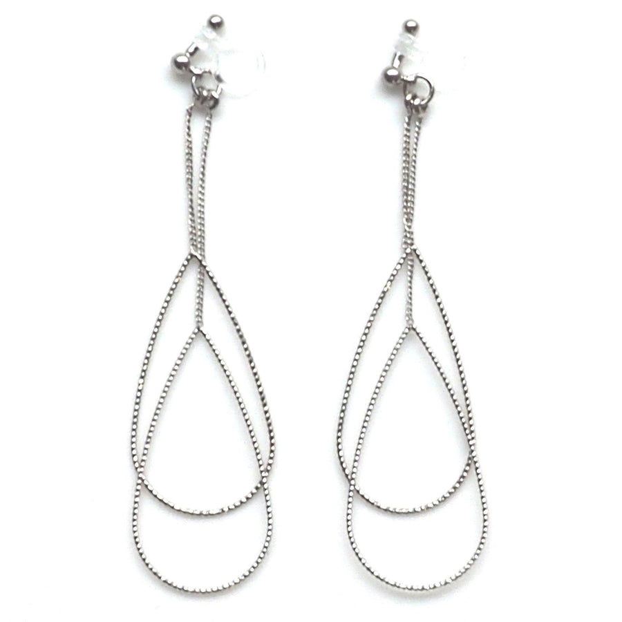 Dangle silver double pear hoop invisible clip on earrings - miyabigracejewelry.com