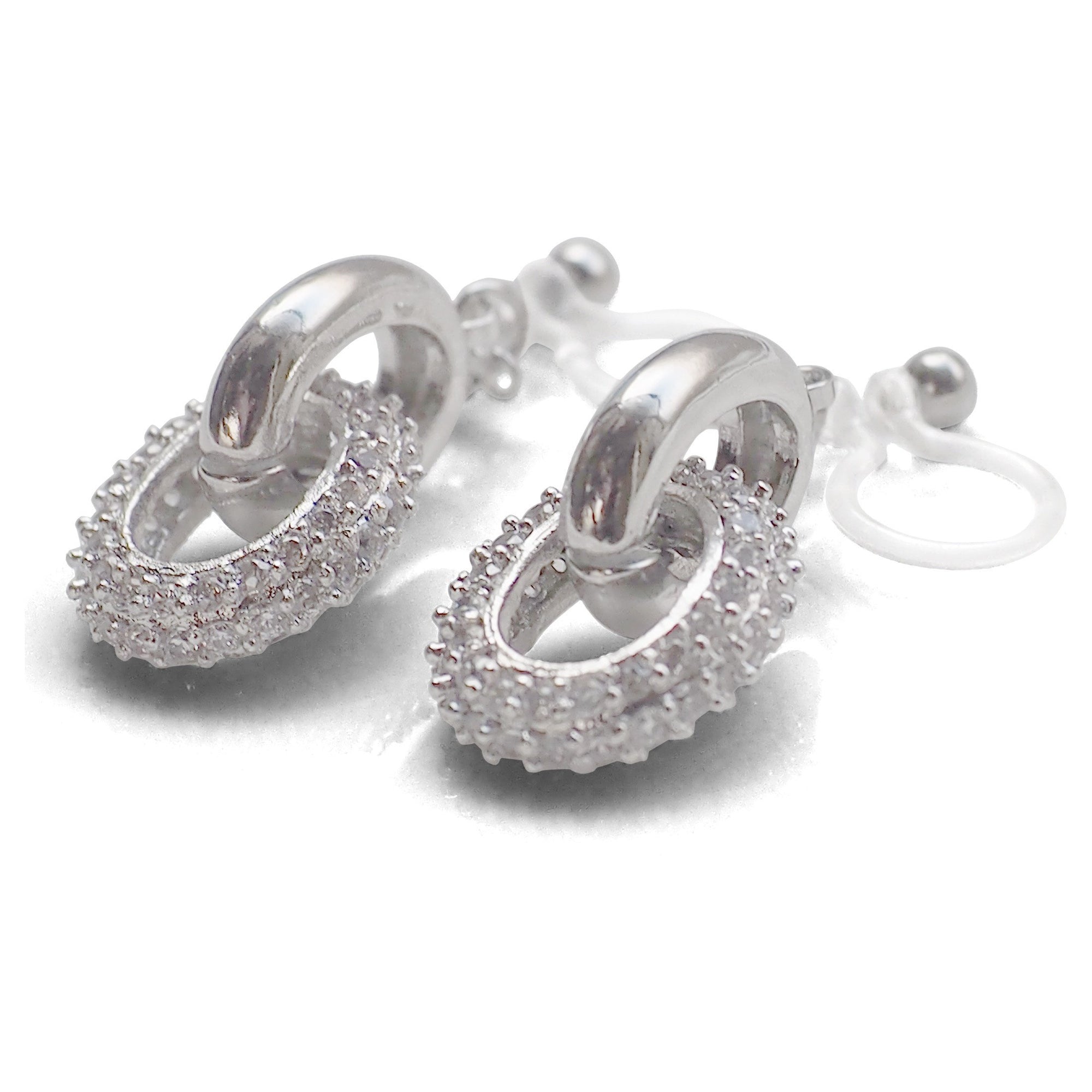 Bridal cubic zirconia micro pave ring invisible clip on earrings ( silver tone ) - miyabigracejewelry.com