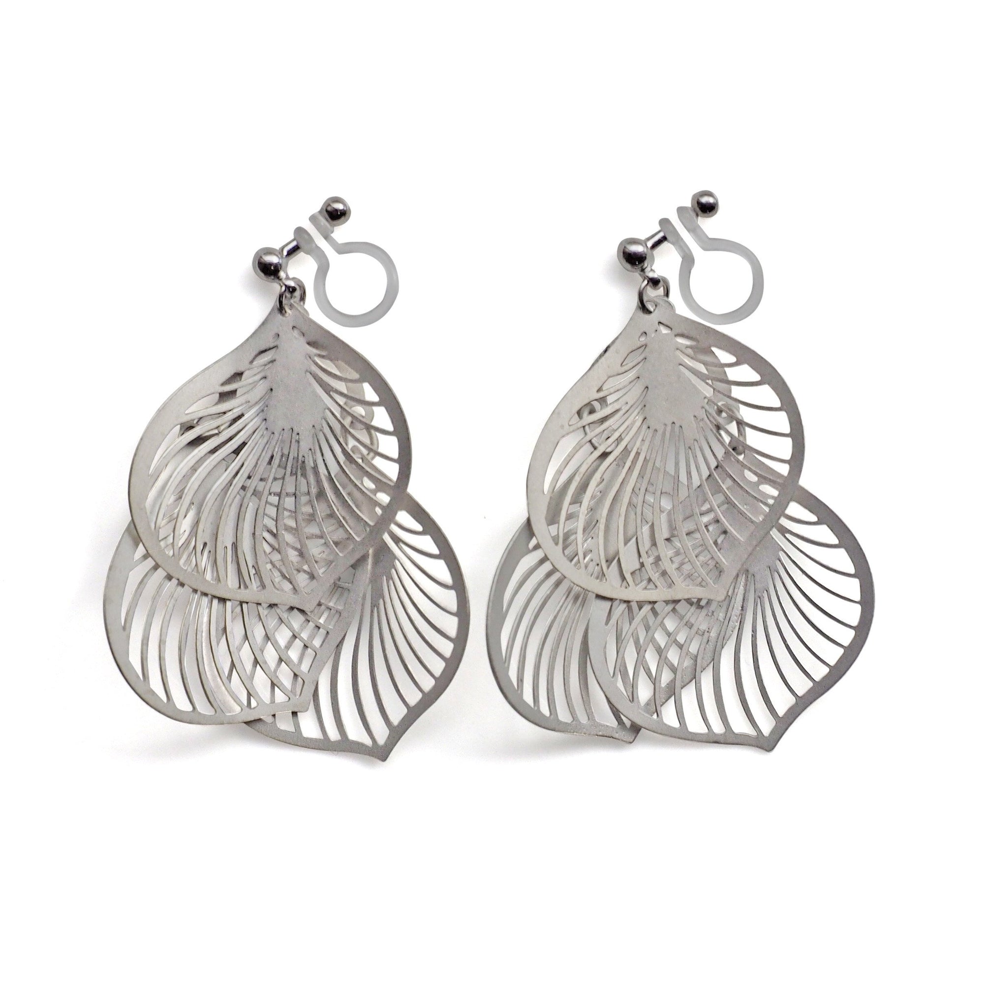 Dangle silver three leaf filigree invisible clip on earrings - miyabigracejewelry.com