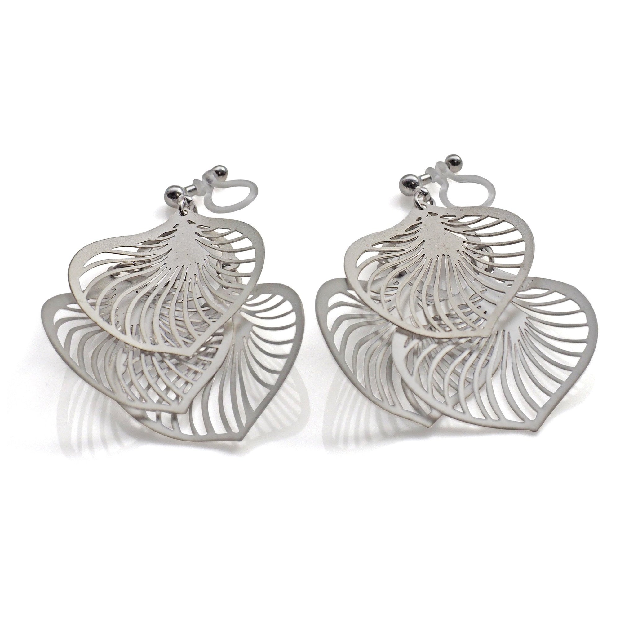 Dangle silver three leaf filigree invisible clip on earrings - miyabigracejewelry.com