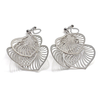 Dangle silver three leaf filigree invisible clip on earrings - miyabigracejewelry.com