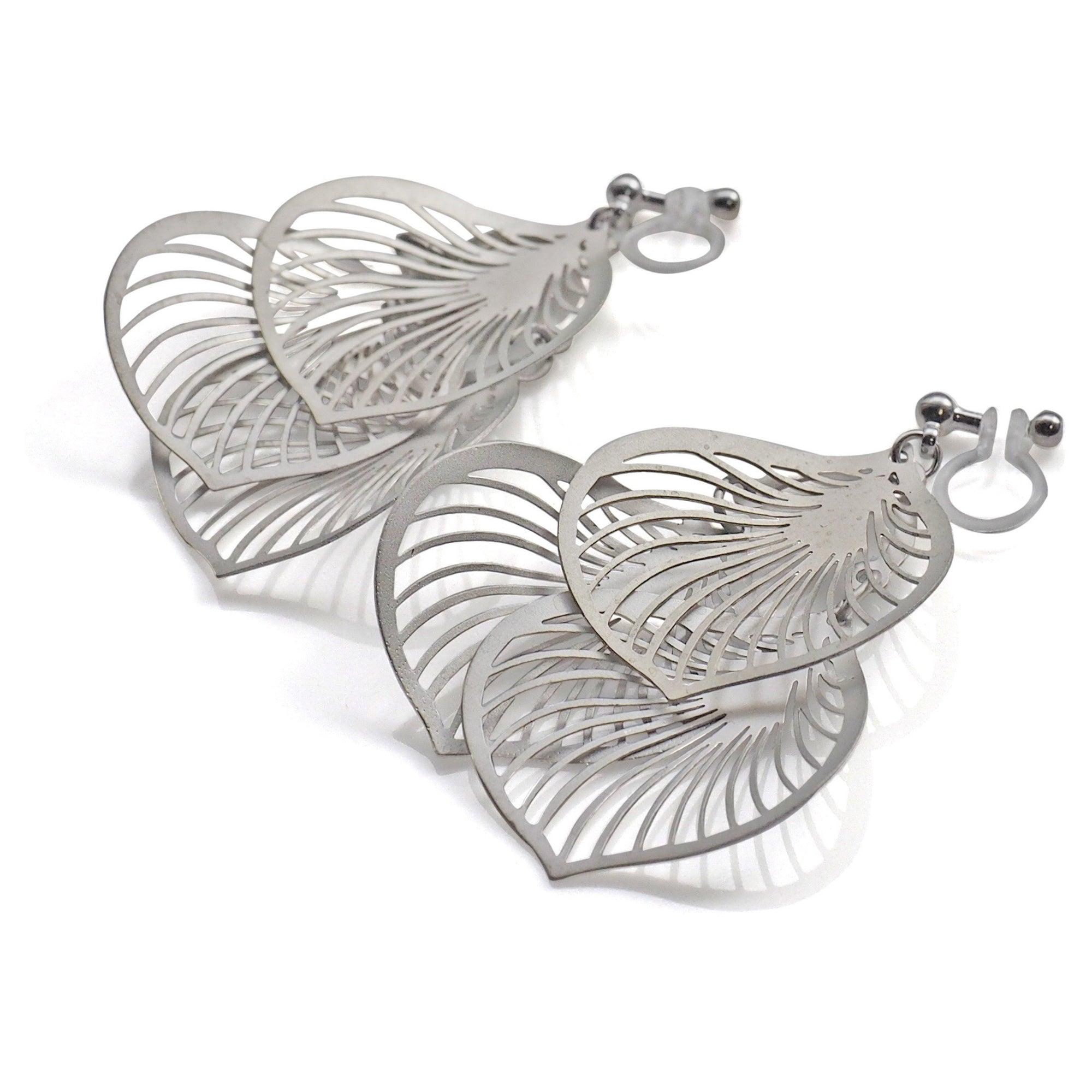Dangle silver three leaf filigree invisible clip on earrings - miyabigracejewelry.com