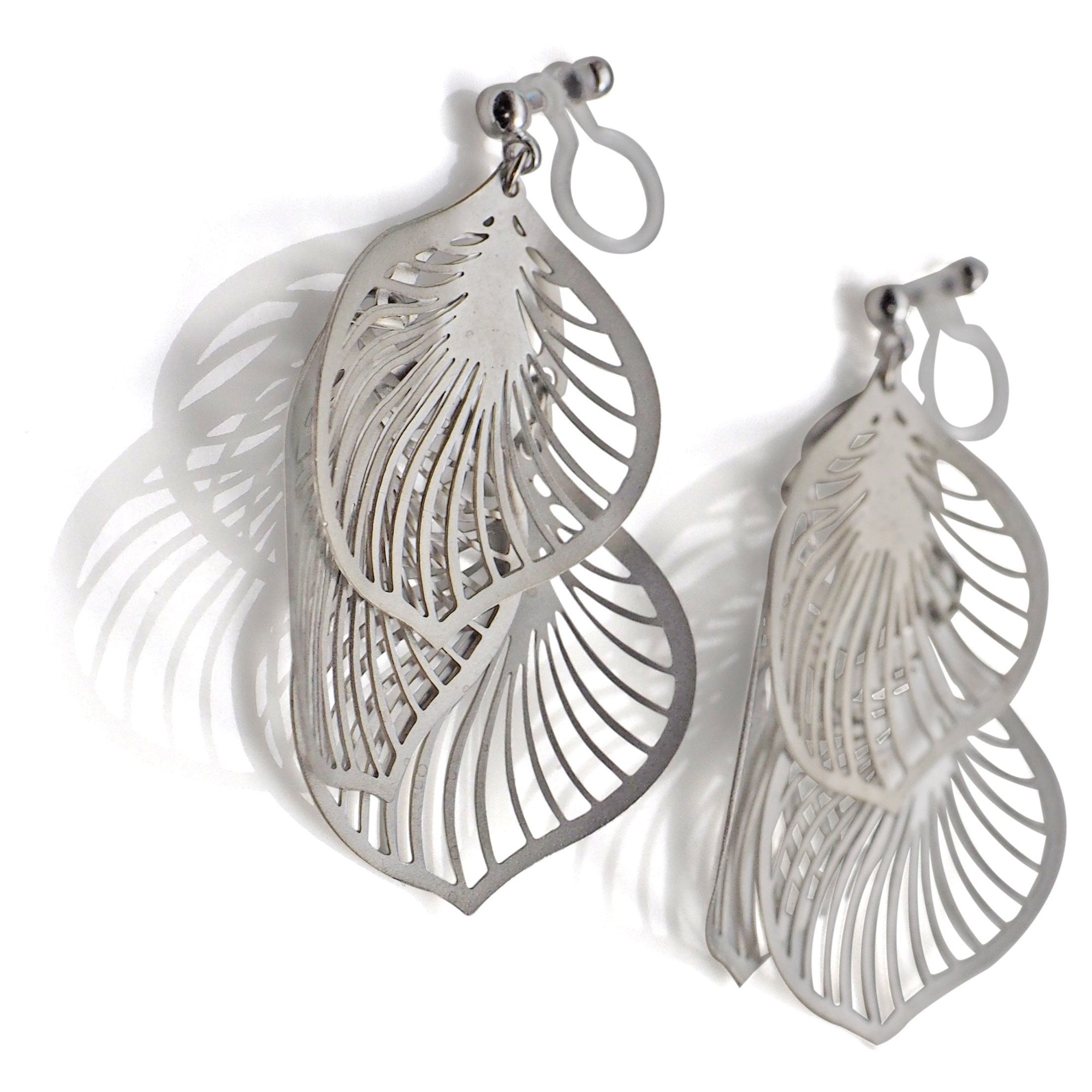 Dangle silver three leaf filigree invisible clip on earrings - miyabigracejewelry.com