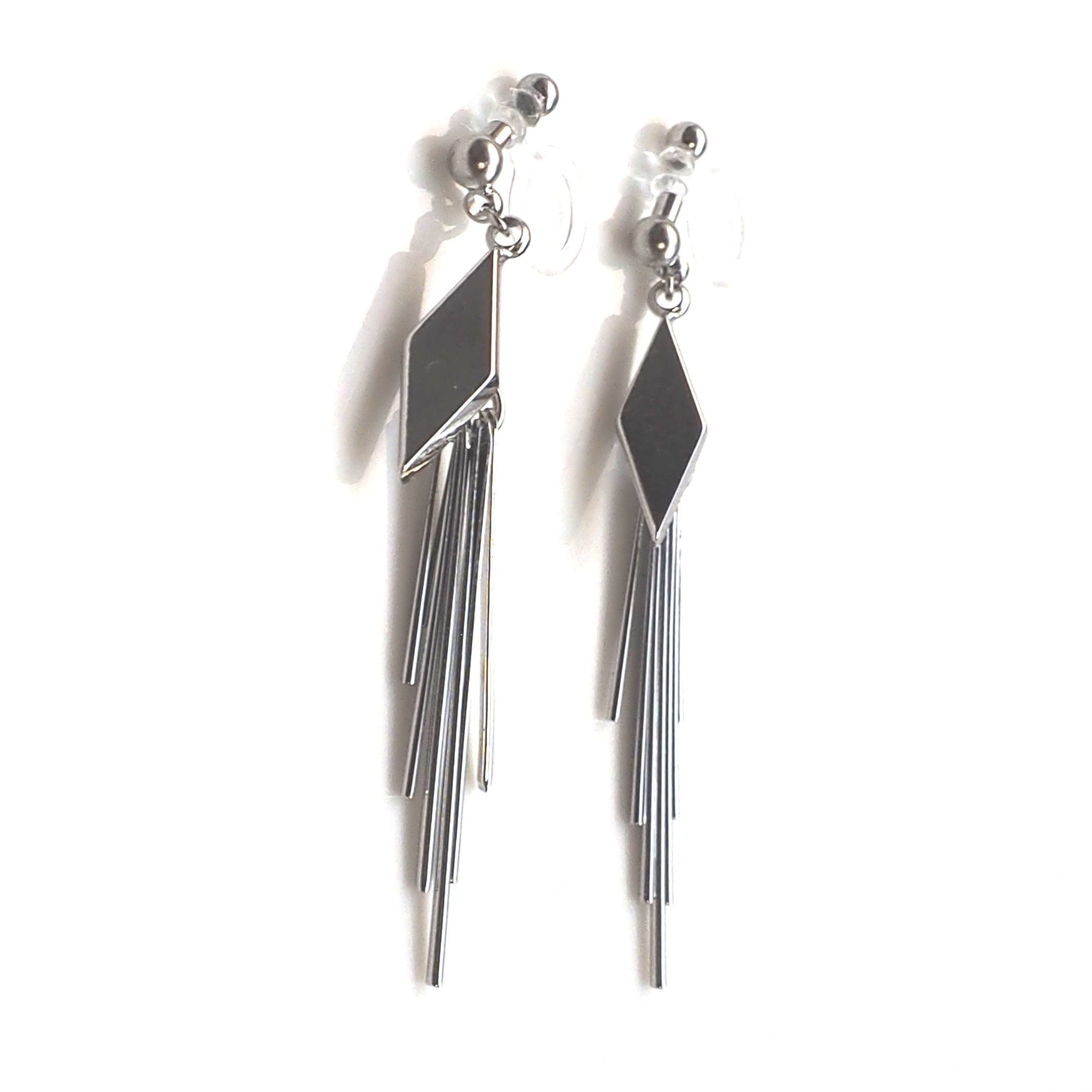 Silver diamond shape fringe invisible clip on earrings - miyabigracejewelry.com