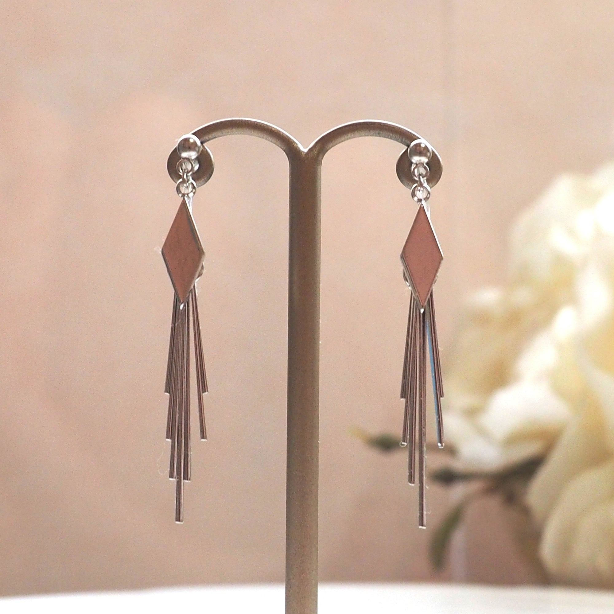 Silver diamond shape fringe invisible clip on earrings - miyabigracejewelry.com