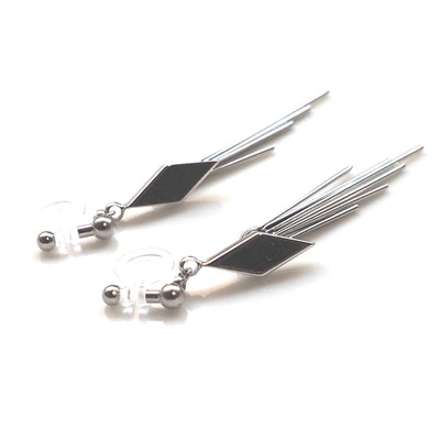 Silver diamond shape fringe invisible clip on earrings - miyabigracejewelry.com