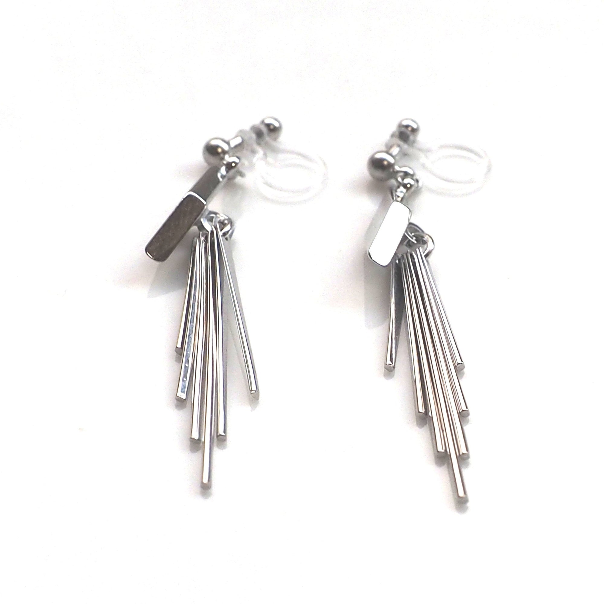 Silver diamond shape fringe invisible clip on earrings - miyabigracejewelry.com