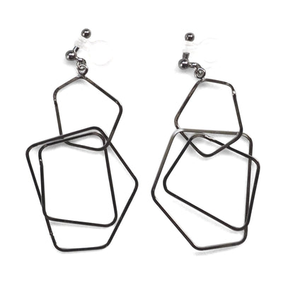 Dangle silver pentagon hoop invisible clip on earrings - miyabigracejewelry.com