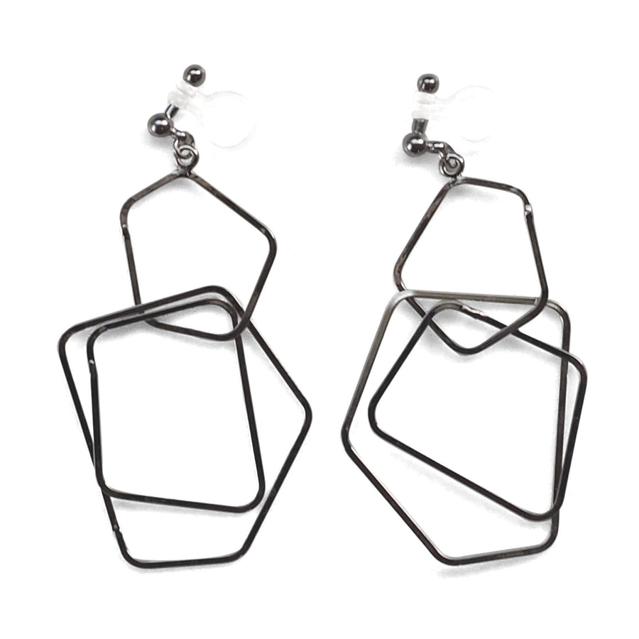 Dangle silver pentagon hoop invisible clip on earrings - miyabigracejewelry.com