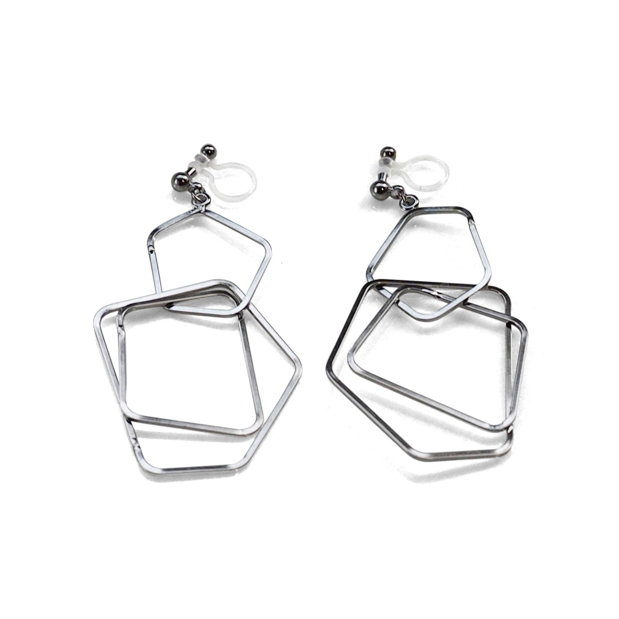 Dangle silver pentagon hoop invisible clip on earrings - miyabigracejewelry.com