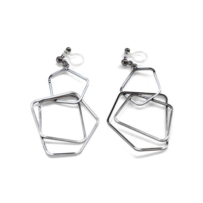Dangle silver pentagon hoop invisible clip on earrings - miyabigracejewelry.com