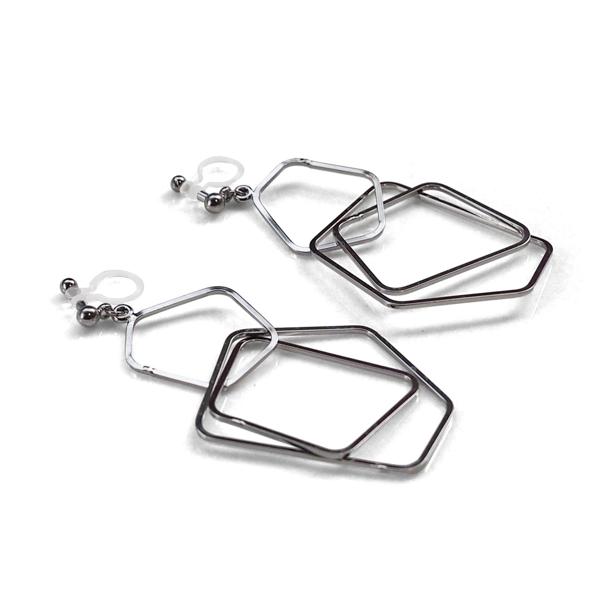 Dangle silver pentagon hoop invisible clip on earrings - miyabigracejewelry.com