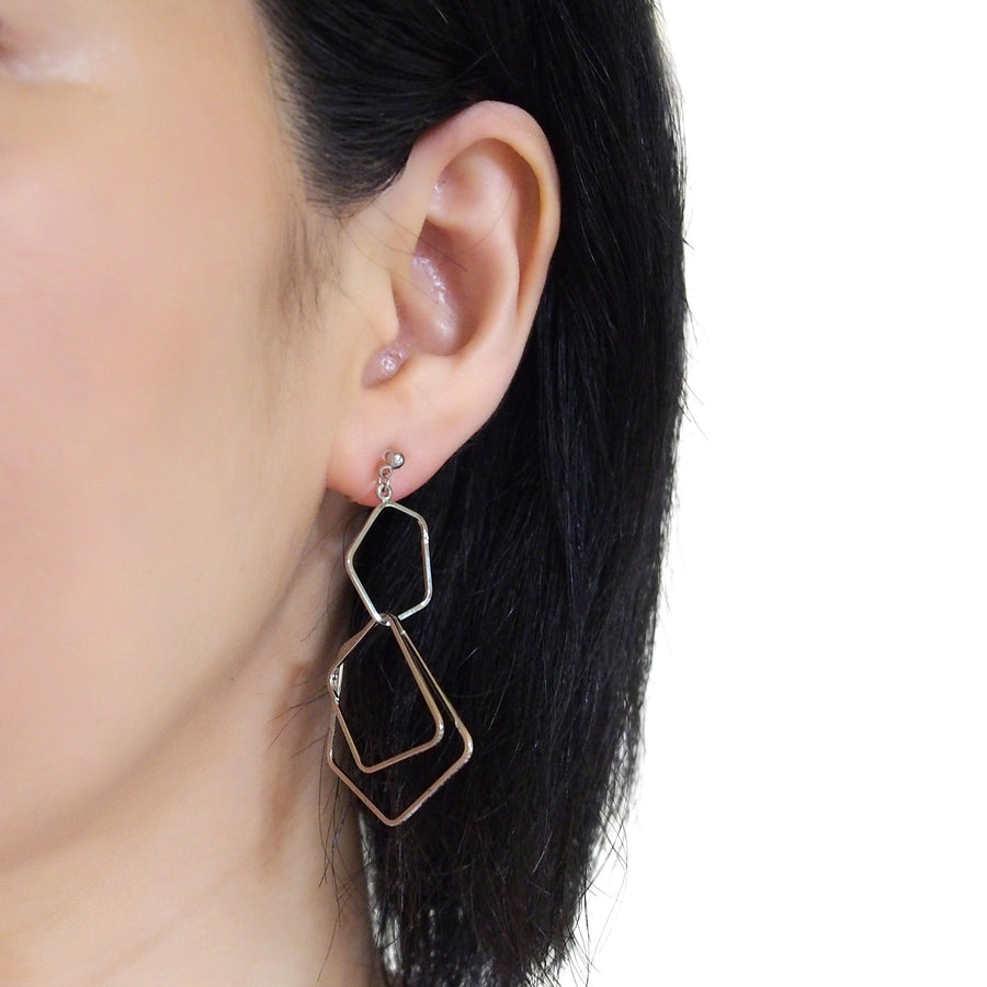 Dangle silver pentagon hoop invisible clip on earrings - miyabigracejewelry.com