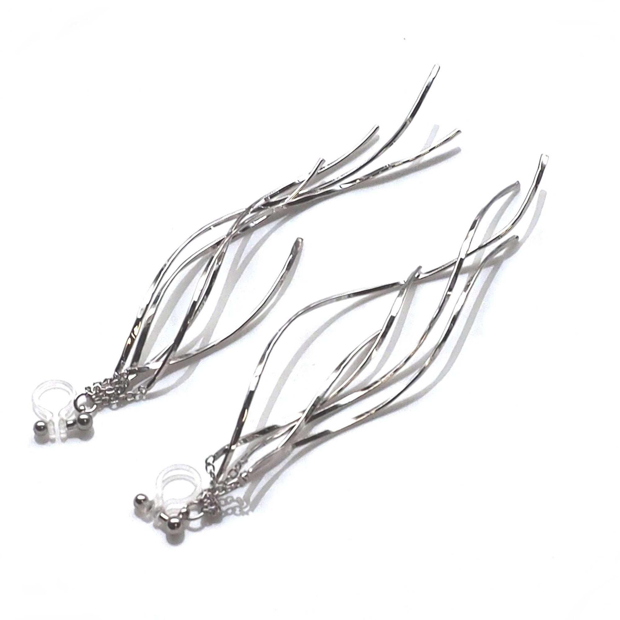 Dangle silver waved bars invisible clip on earrings - miyabigracejewelry.com