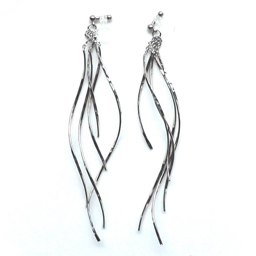 Dangle silver waved bars invisible clip on earrings - miyabigracejewelry.com