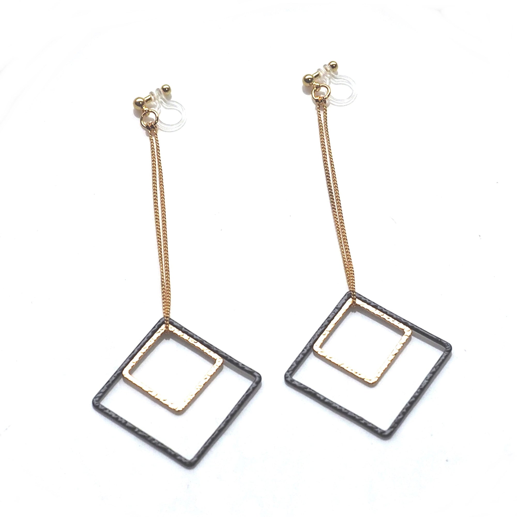 Long gold and black square metal invisible clip on earrings - miyabigracejewelry.com