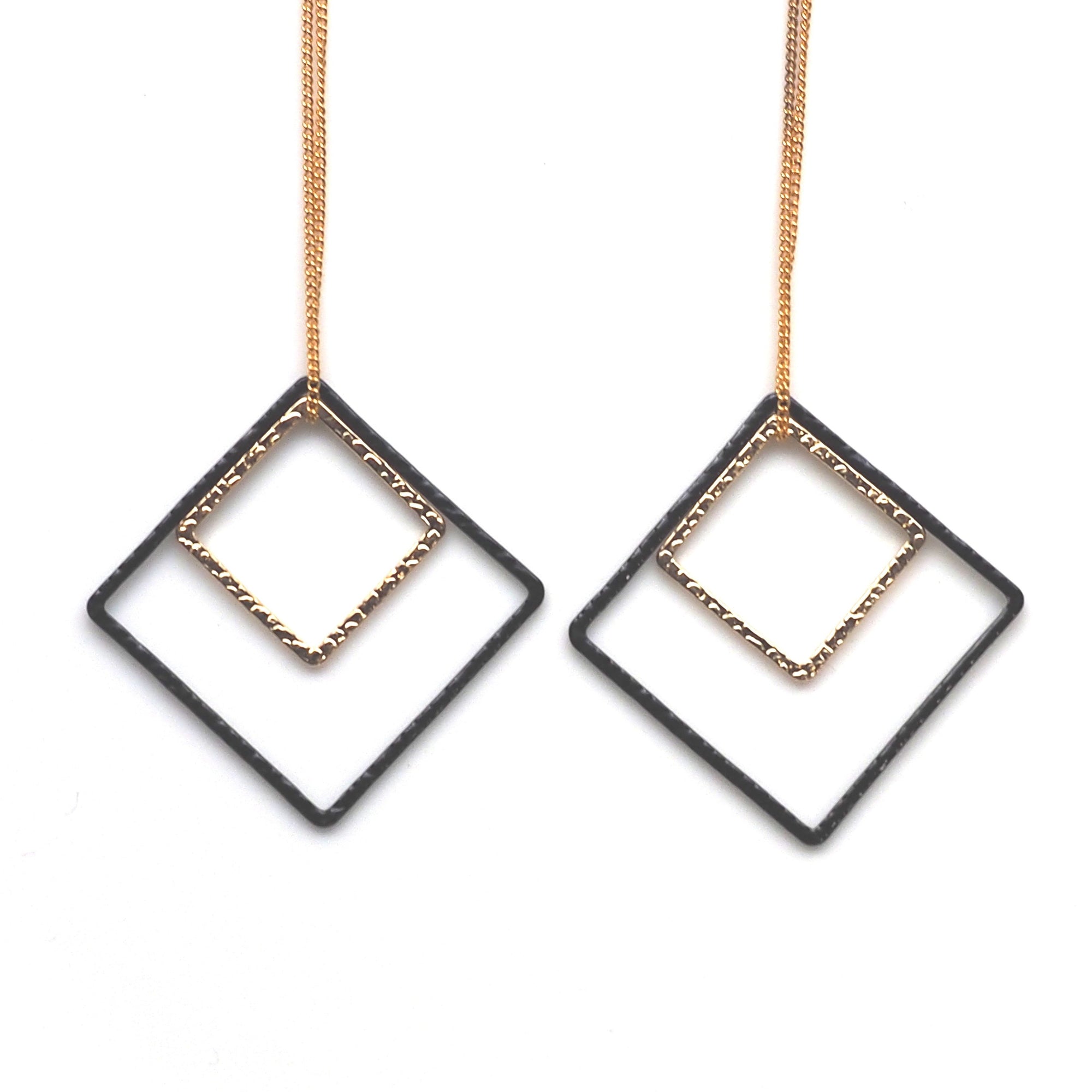 Long gold and black square metal invisible clip on earrings - miyabigracejewelry.com