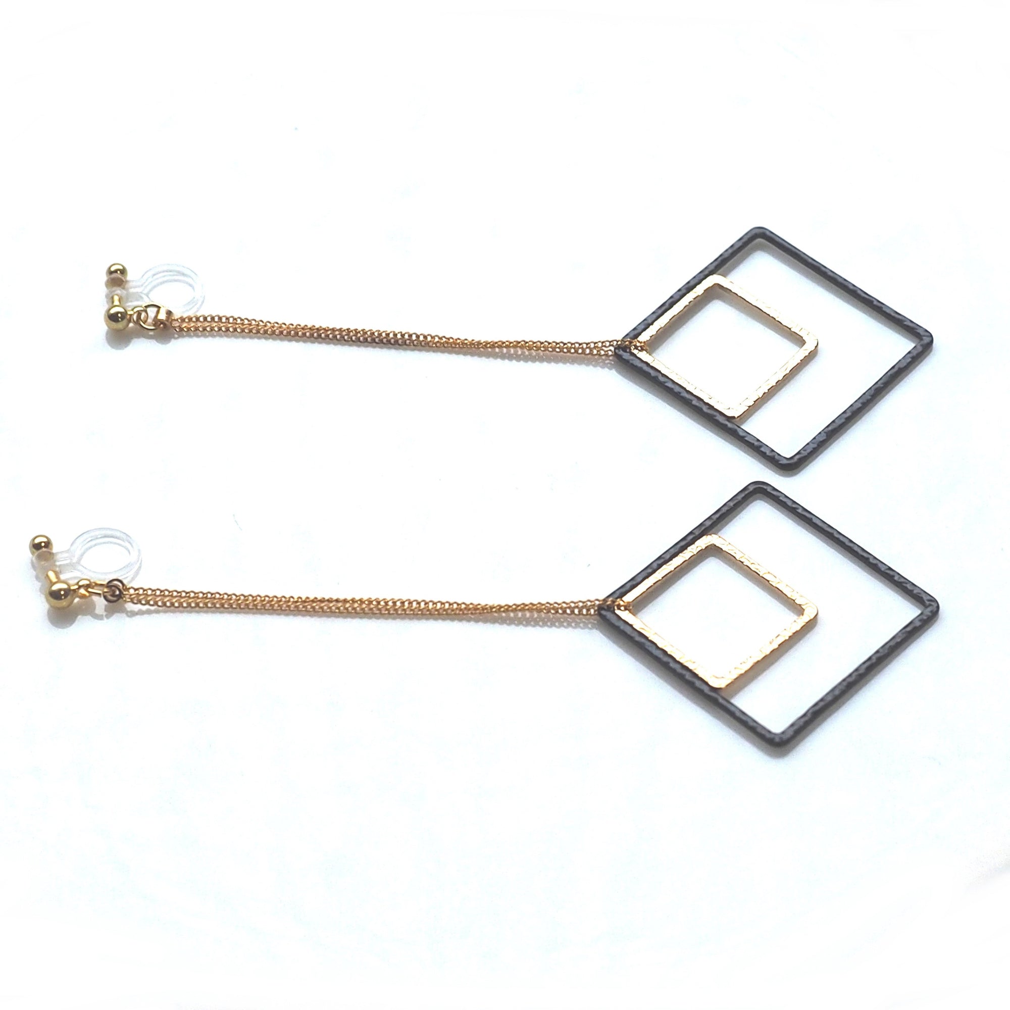 Long gold and black square metal invisible clip on earrings - miyabigracejewelry.com