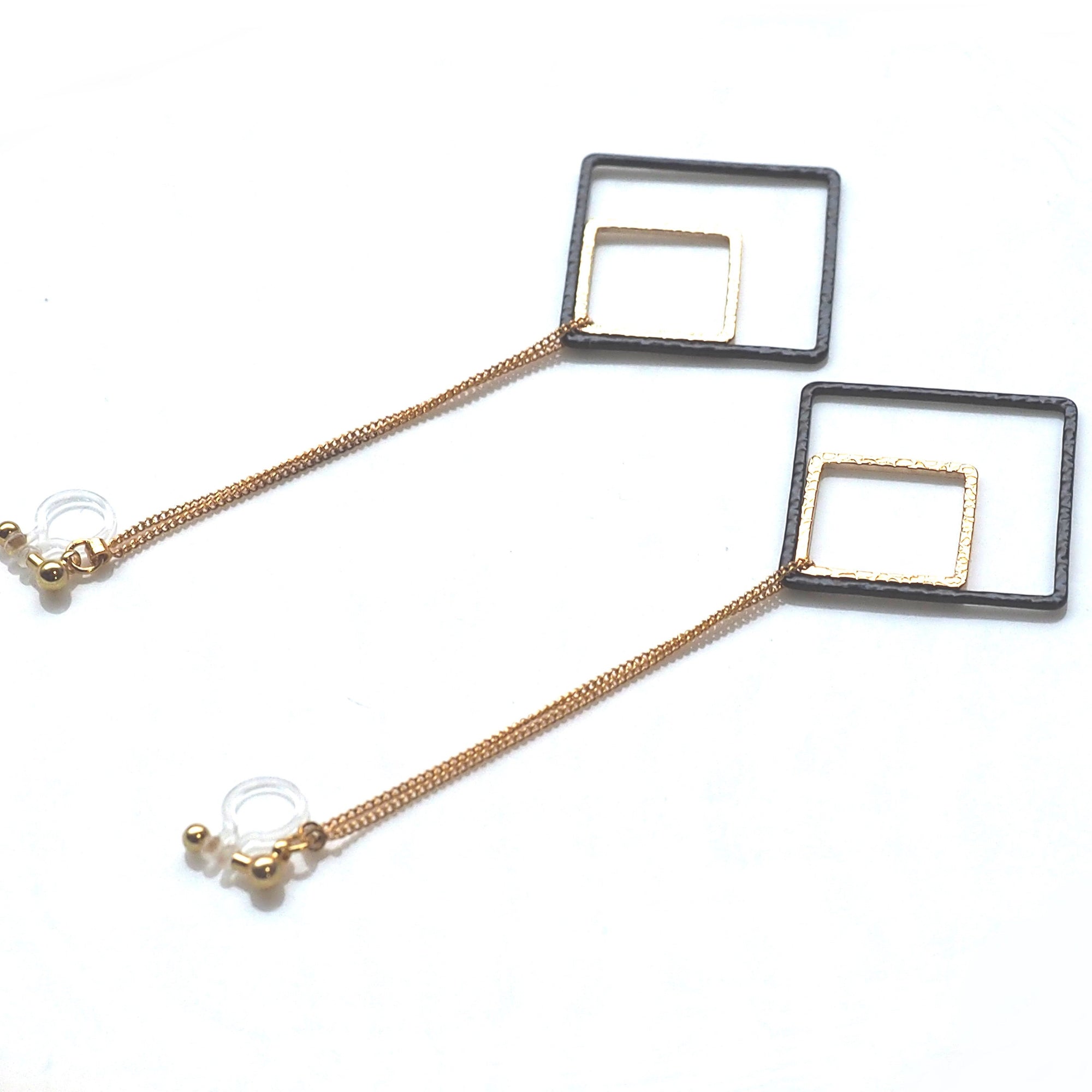 Long gold and black square metal invisible clip on earrings - miyabigracejewelry.com