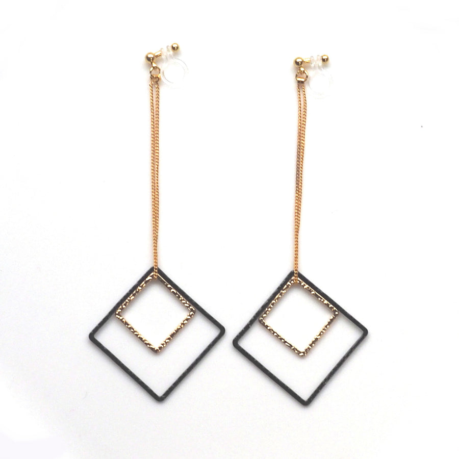 Long gold and black square metal invisible clip on earrings - miyabigracejewelry.com