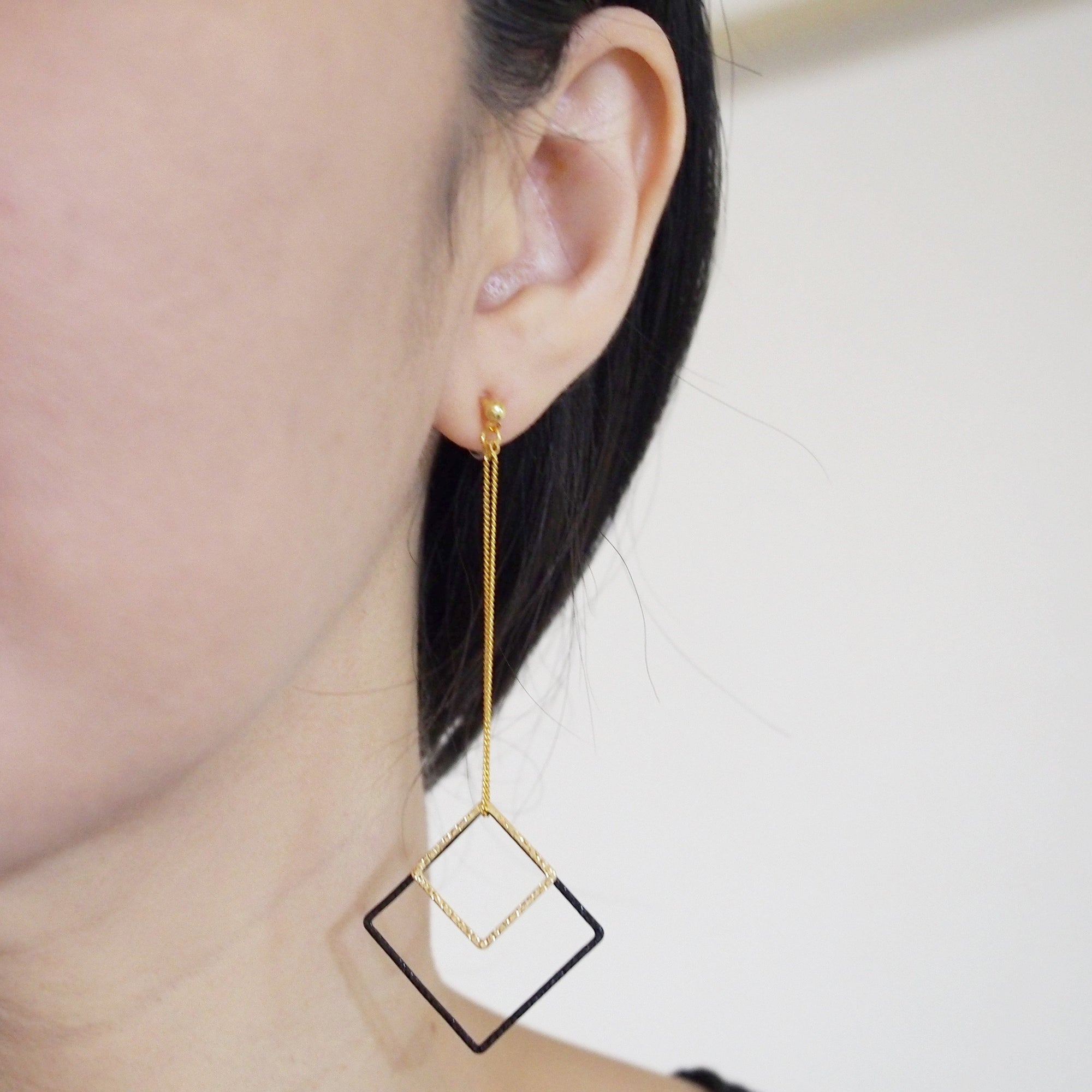 Long gold and black square metal invisible clip on earrings - miyabigracejewelry.com