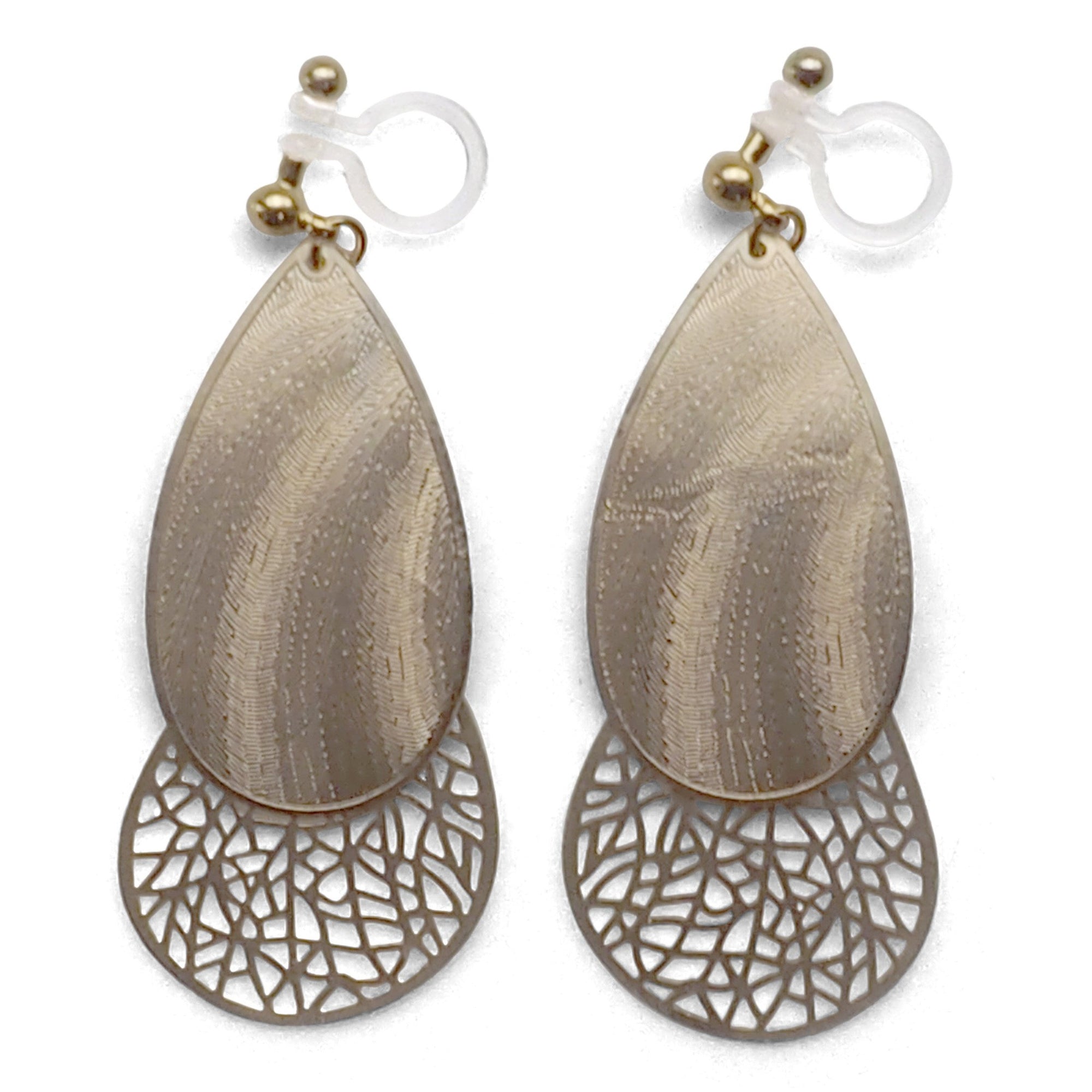 Textured gold metal and teardrop filigree invisible clip on earrings - miyabigracejewelry.com