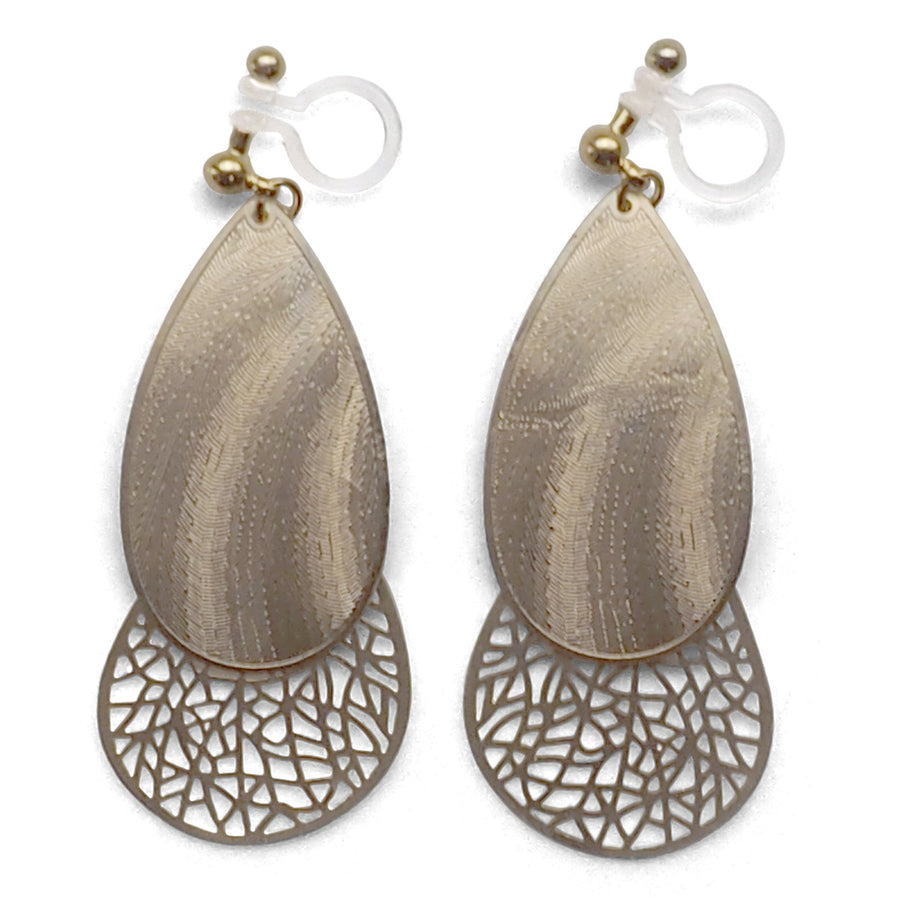 Textured gold metal and teardrop filigree invisible clip on earrings - miyabigracejewelry.com