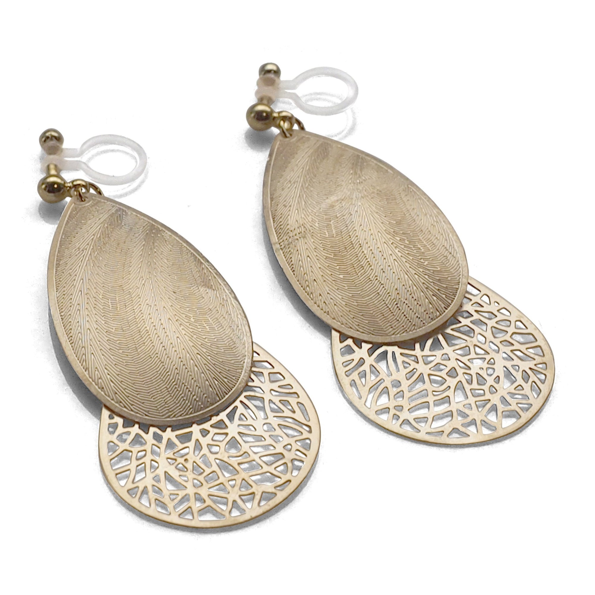 Textured gold metal and teardrop filigree invisible clip on earrings - miyabigracejewelry.com