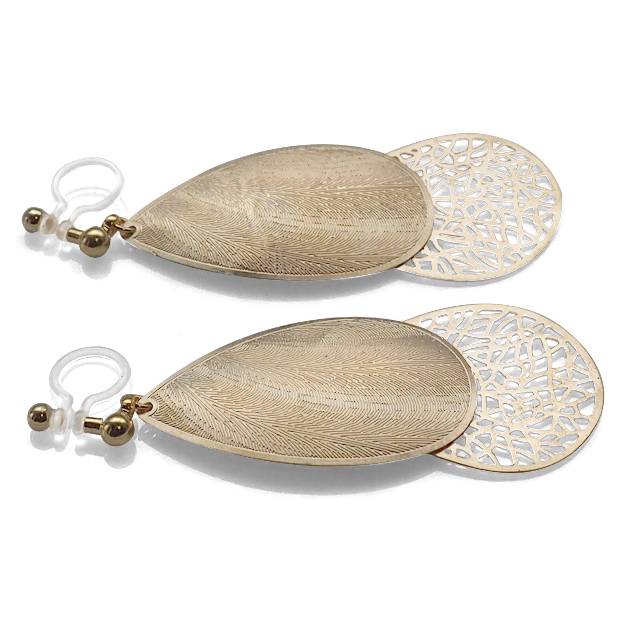 Textured gold metal and teardrop filigree invisible clip on earrings - miyabigracejewelry.com
