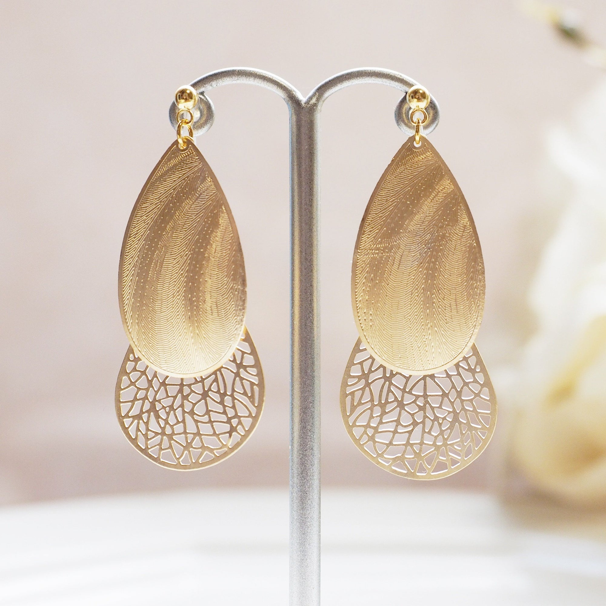 Textured gold metal and teardrop filigree invisible clip on earrings - miyabigracejewelry.com