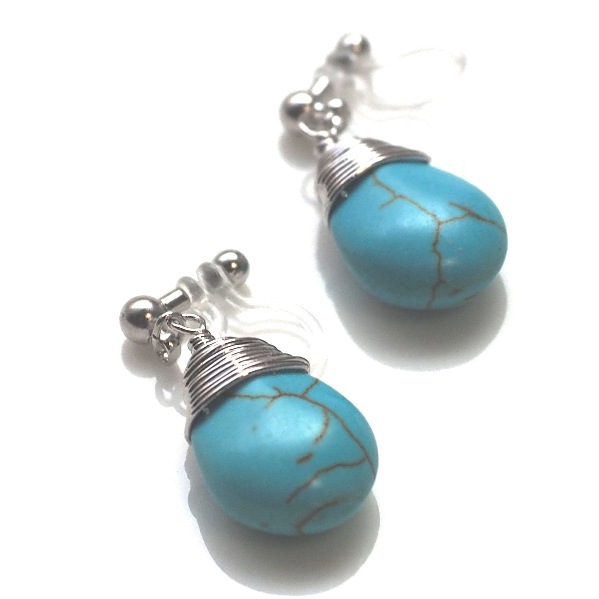 Blue turquoise invisible clip on earrings - miyabigracejewelry.com