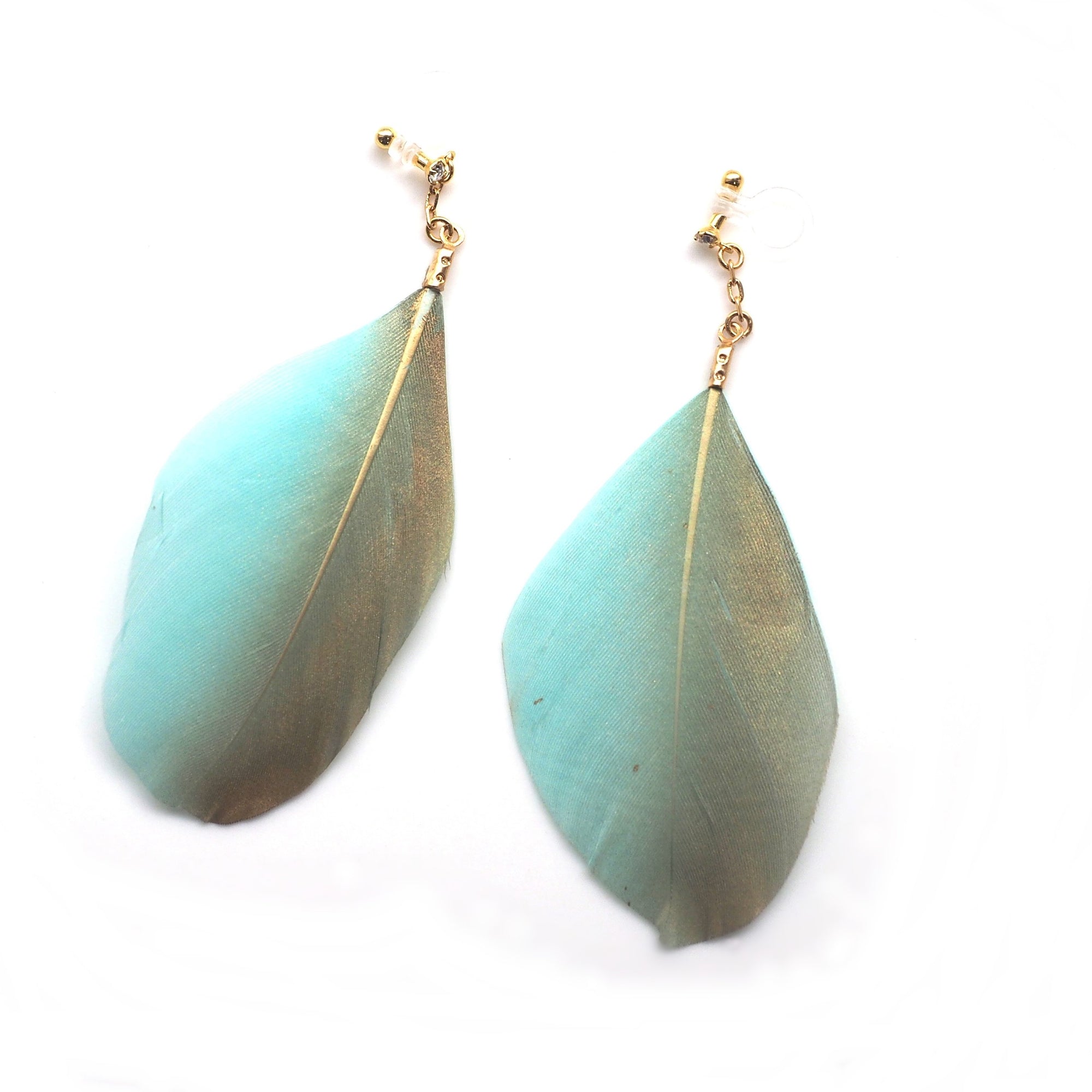 Gold painted green feather invisible clip on earrings - miyabigracejewelry.com