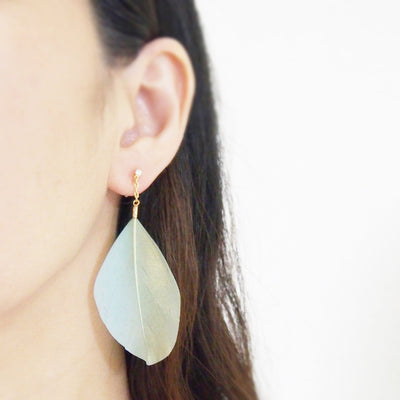 Gold painted green feather invisible clip on earrings - miyabigracejewelry.com