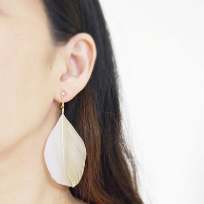 Gold painted pink feather invisible clip on earrings - miyabigracejewelry.com