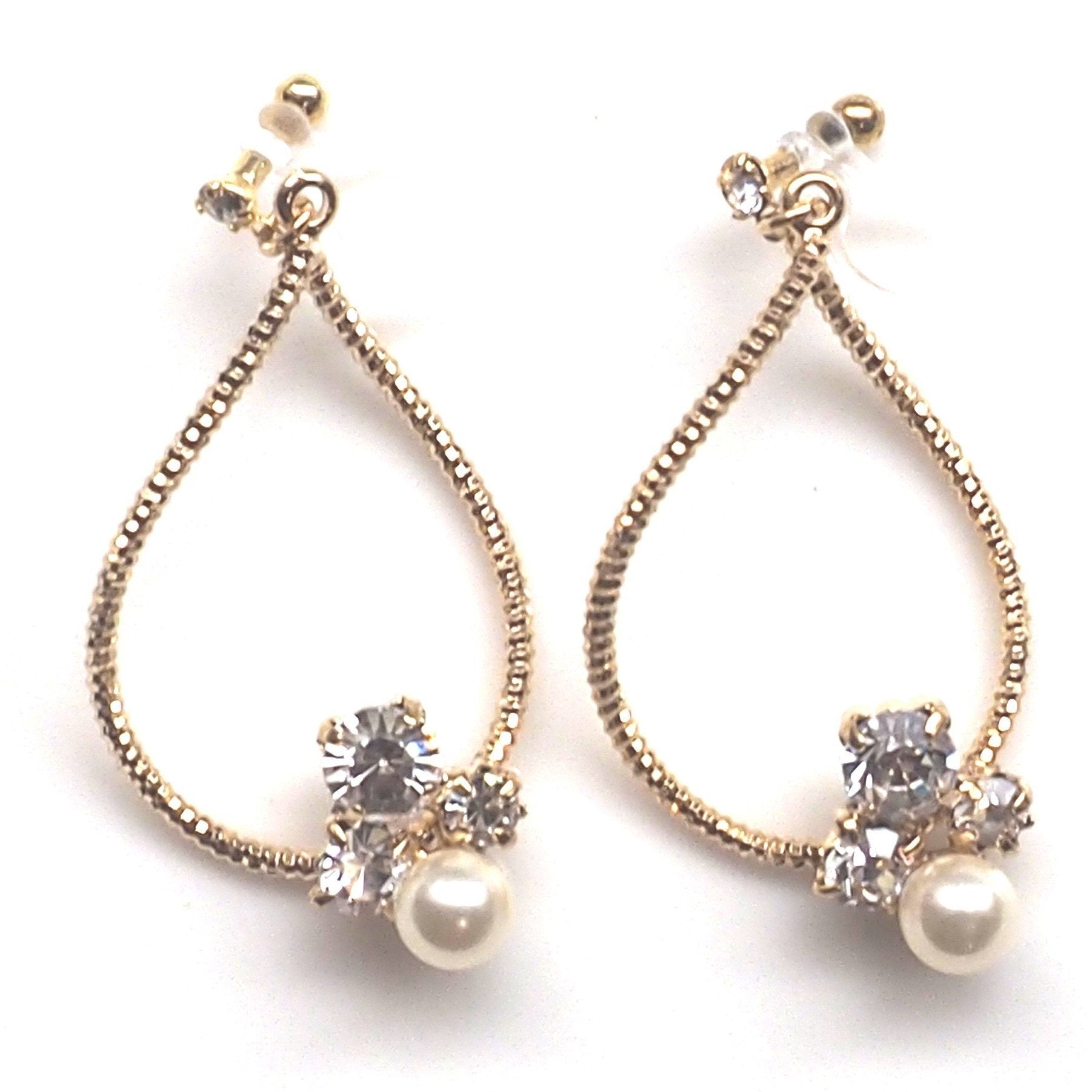Swarovski crystal and pearl invisible clip on gold hoop earrings - miyabigracejewelry.com