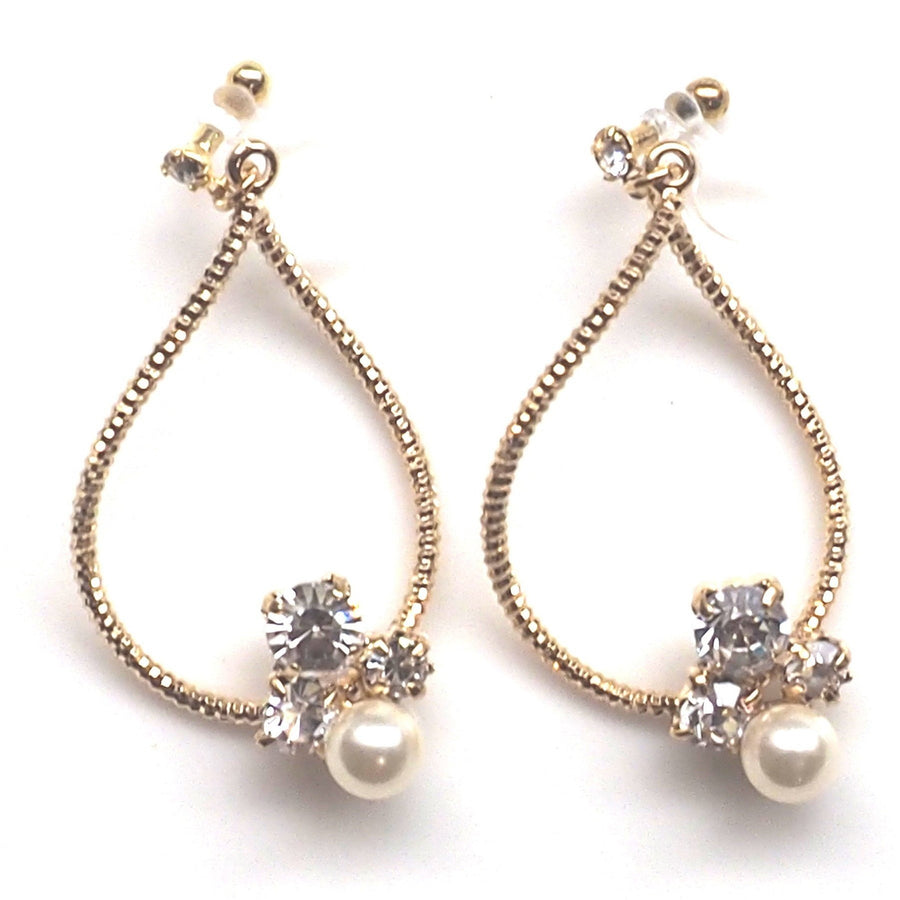 Swarovski crystal and pearl invisible clip on gold hoop earrings - miyabigracejewelry.com