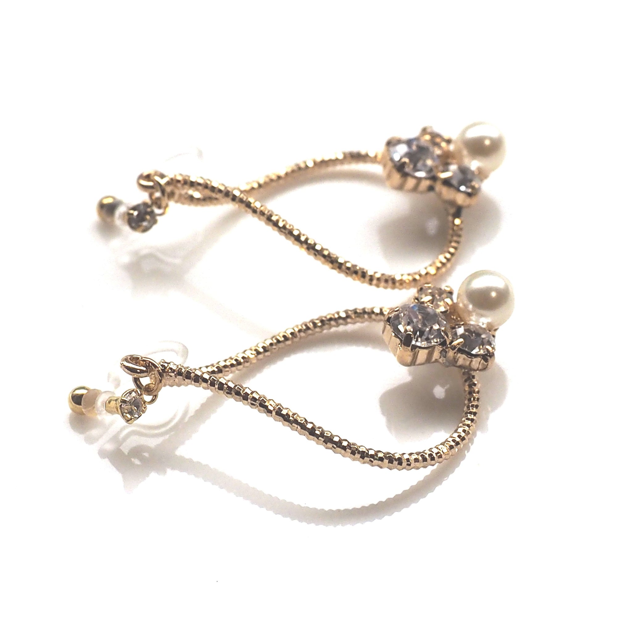 Swarovski crystal and pearl invisible clip on gold hoop earrings - miyabigracejewelry.com