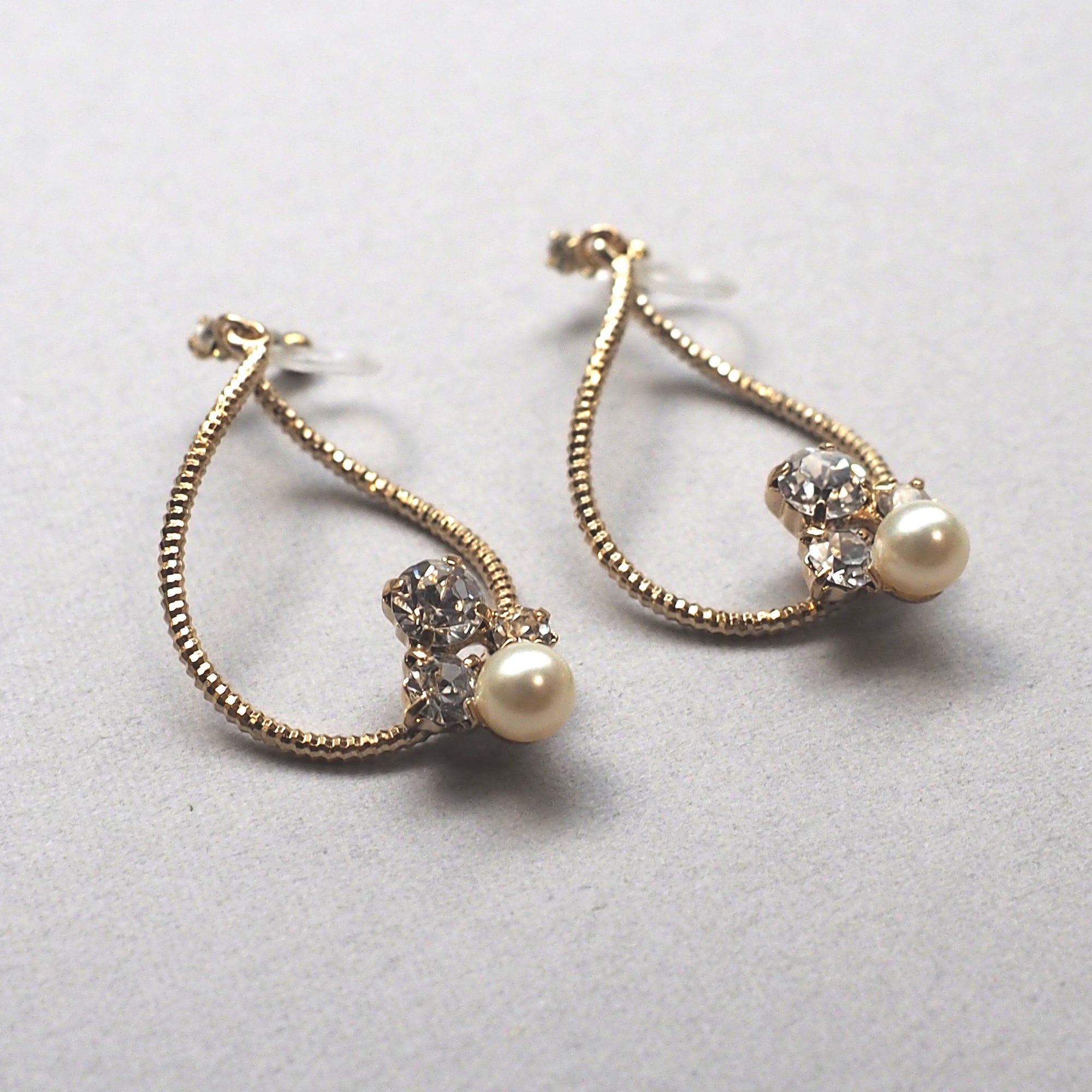 Swarovski crystal and pearl invisible clip on gold hoop earrings - miyabigracejewelry.com