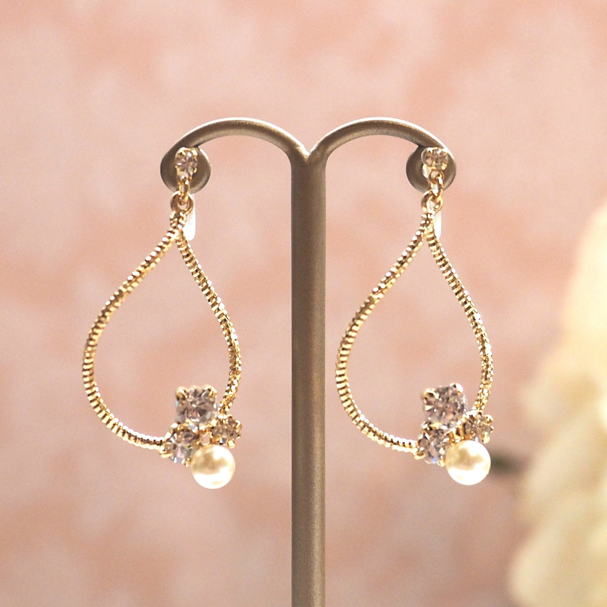 Swarovski crystal and pearl invisible clip on gold hoop earrings - miyabigracejewelry.com