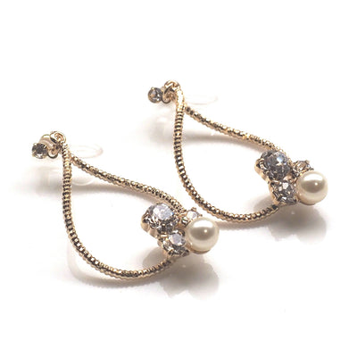 Swarovski crystal and pearl invisible clip on gold hoop earrings - miyabigracejewelry.com