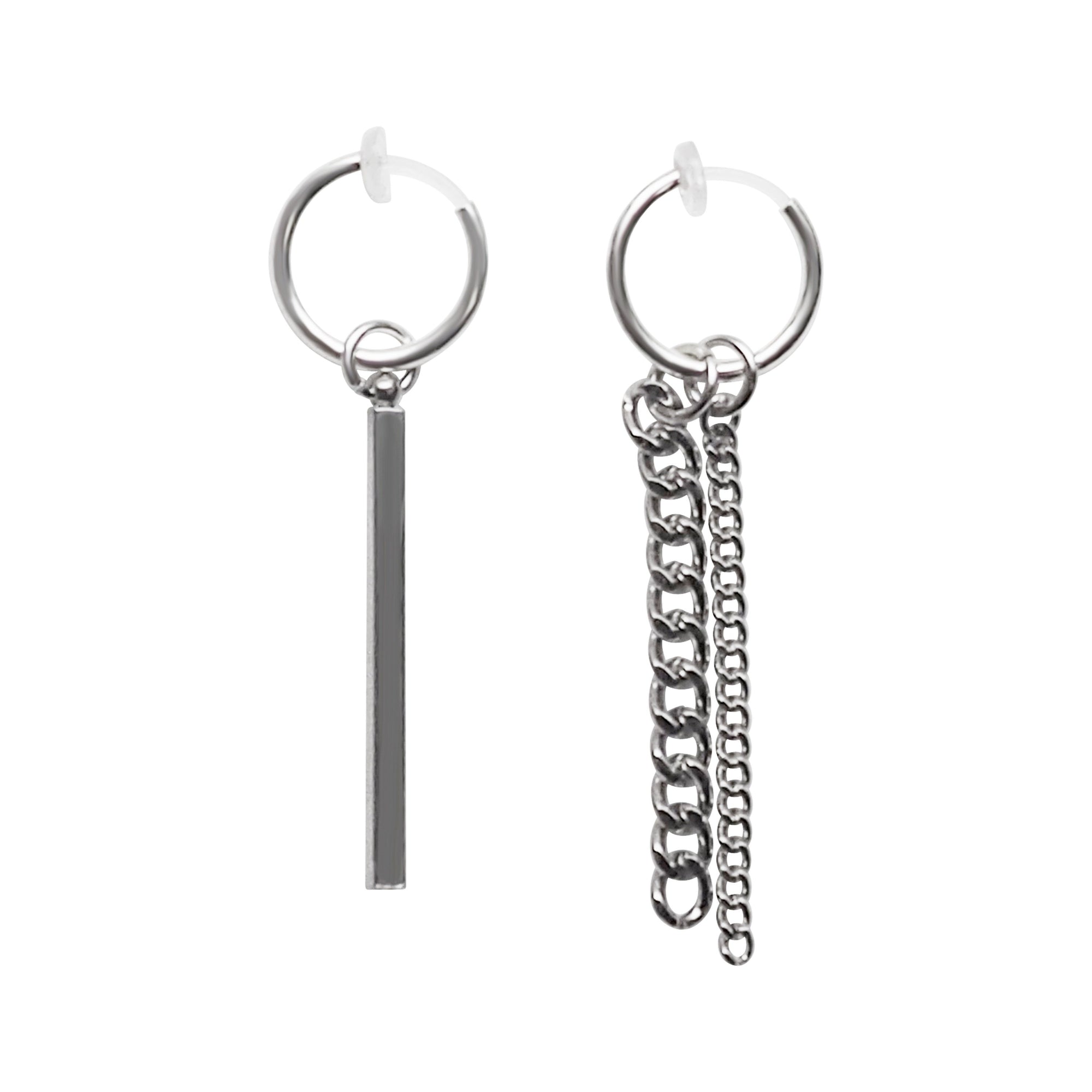 Silver Chain & Bar Invisible Clip On Hoop Earrings - Miyabi Grace