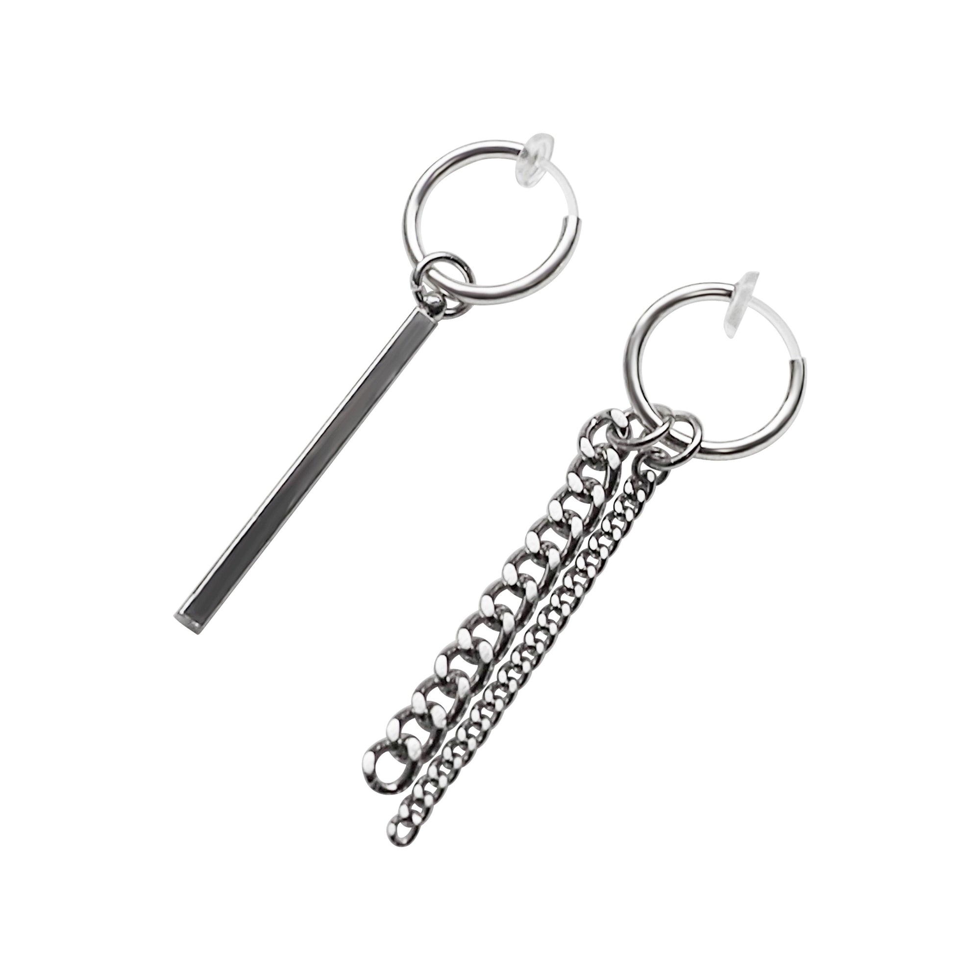 Silver Chain & Bar Invisible Clip On Hoop Earrings - Miyabi Grace