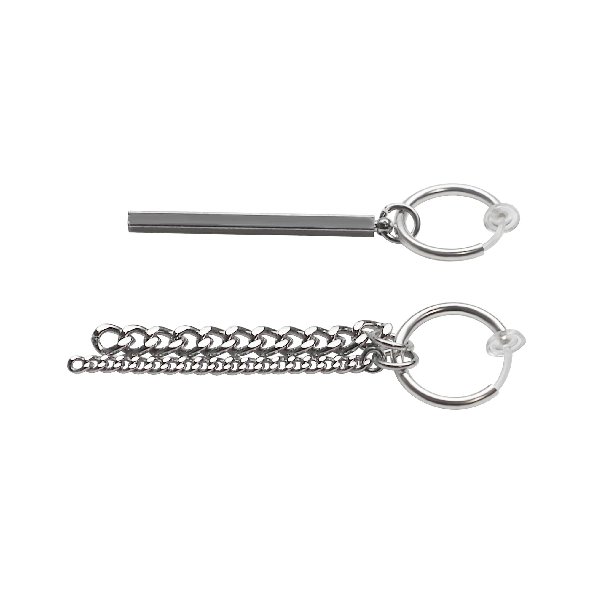 Silver Chain & Bar Invisible Clip On Hoop Earrings - Miyabi Grace