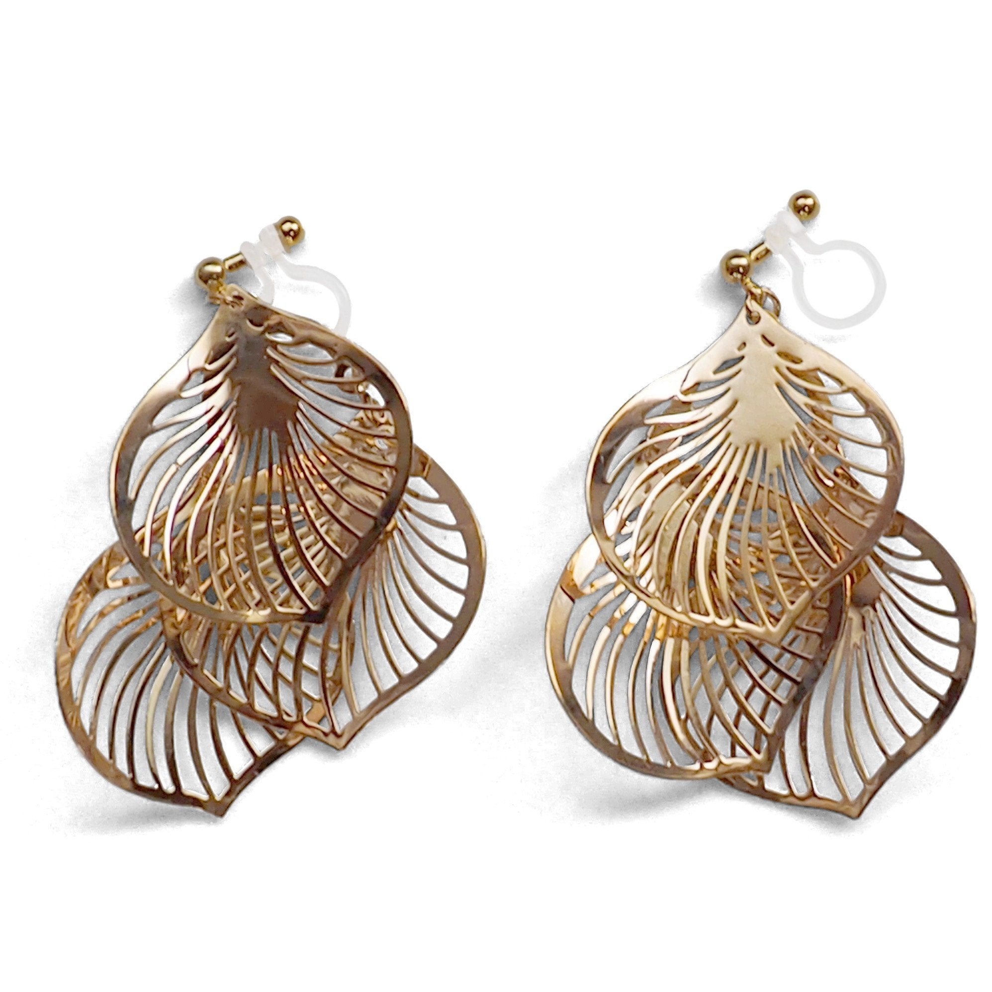 Dangle gold three leaf filigree invisible clip on earrings - miyabigracejewelry.com