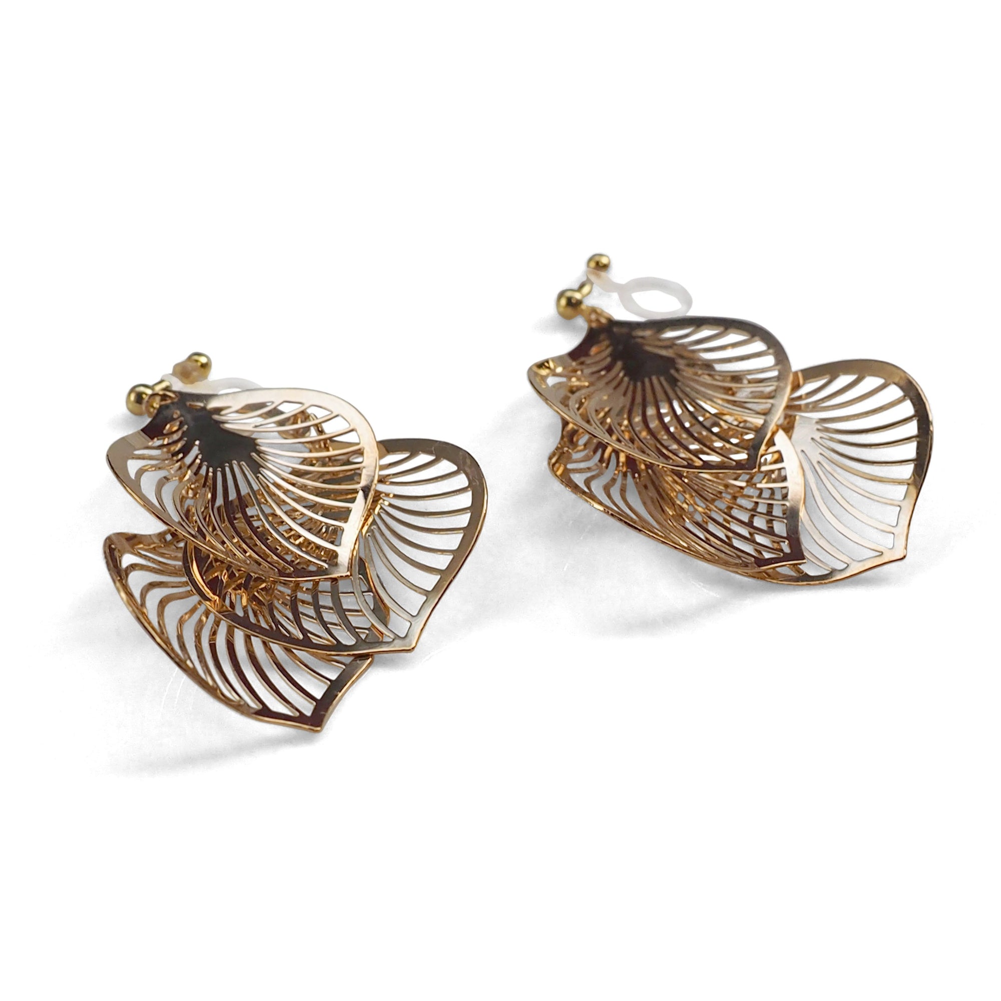 Dangle gold three leaf filigree invisible clip on earrings - miyabigracejewelry.com