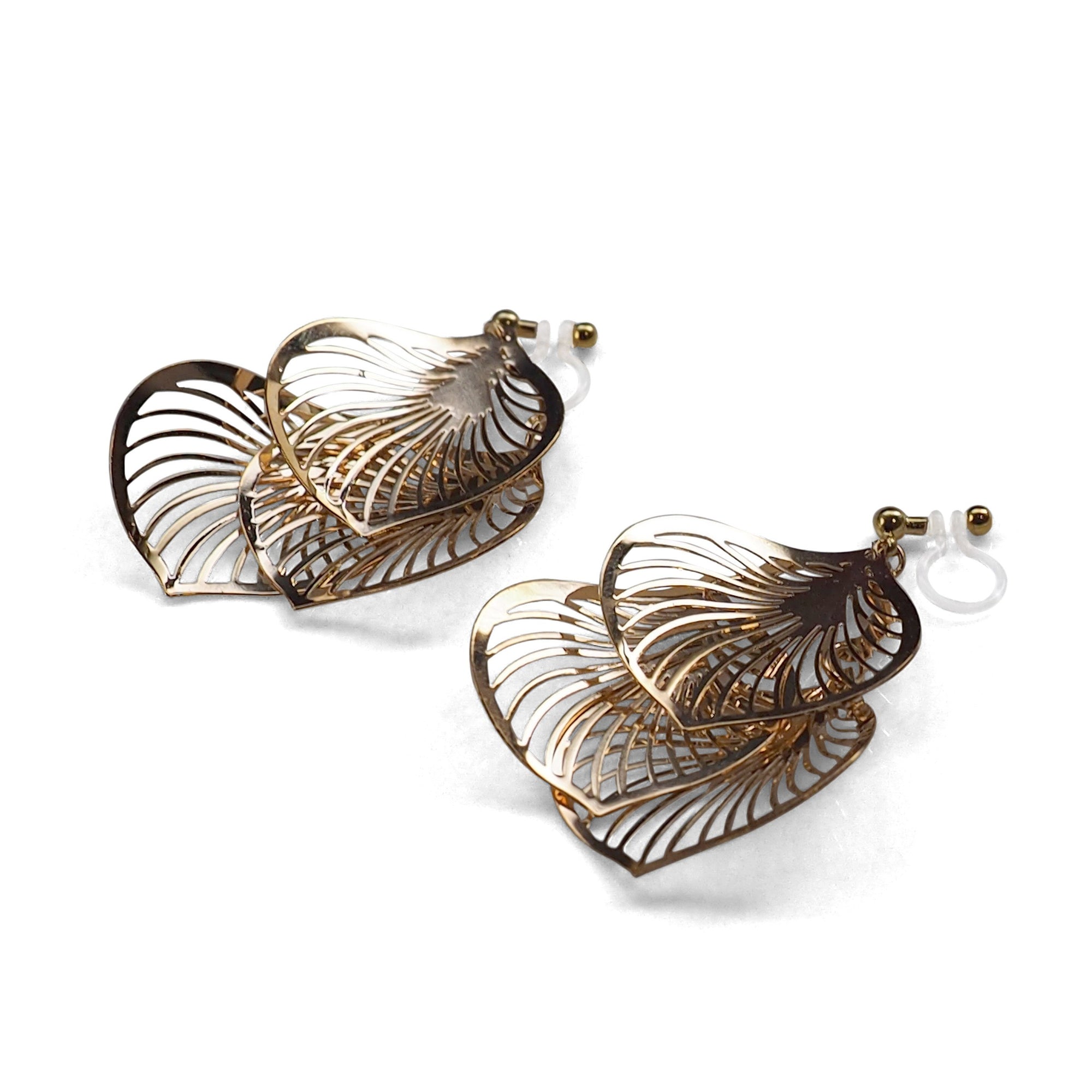 Dangle gold three leaf filigree invisible clip on earrings - miyabigracejewelry.com