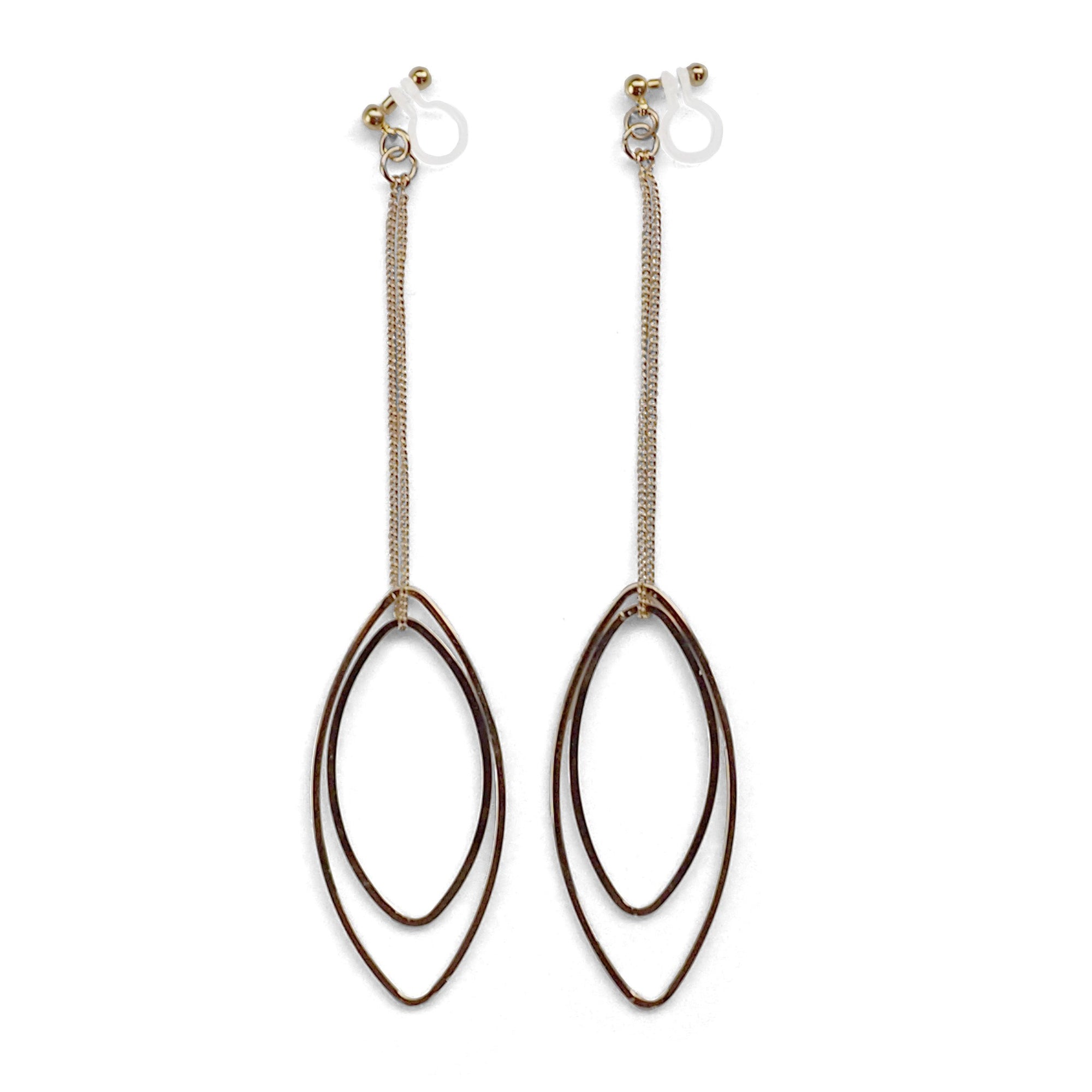 Dangle gold double oval hoop invisible clip on earrings - miyabigracejewelry.com